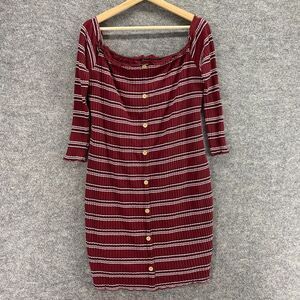 New Rue+ Dress Women 2X Plus Red Striped Shift Short 3/4 Sleeve Lined Button